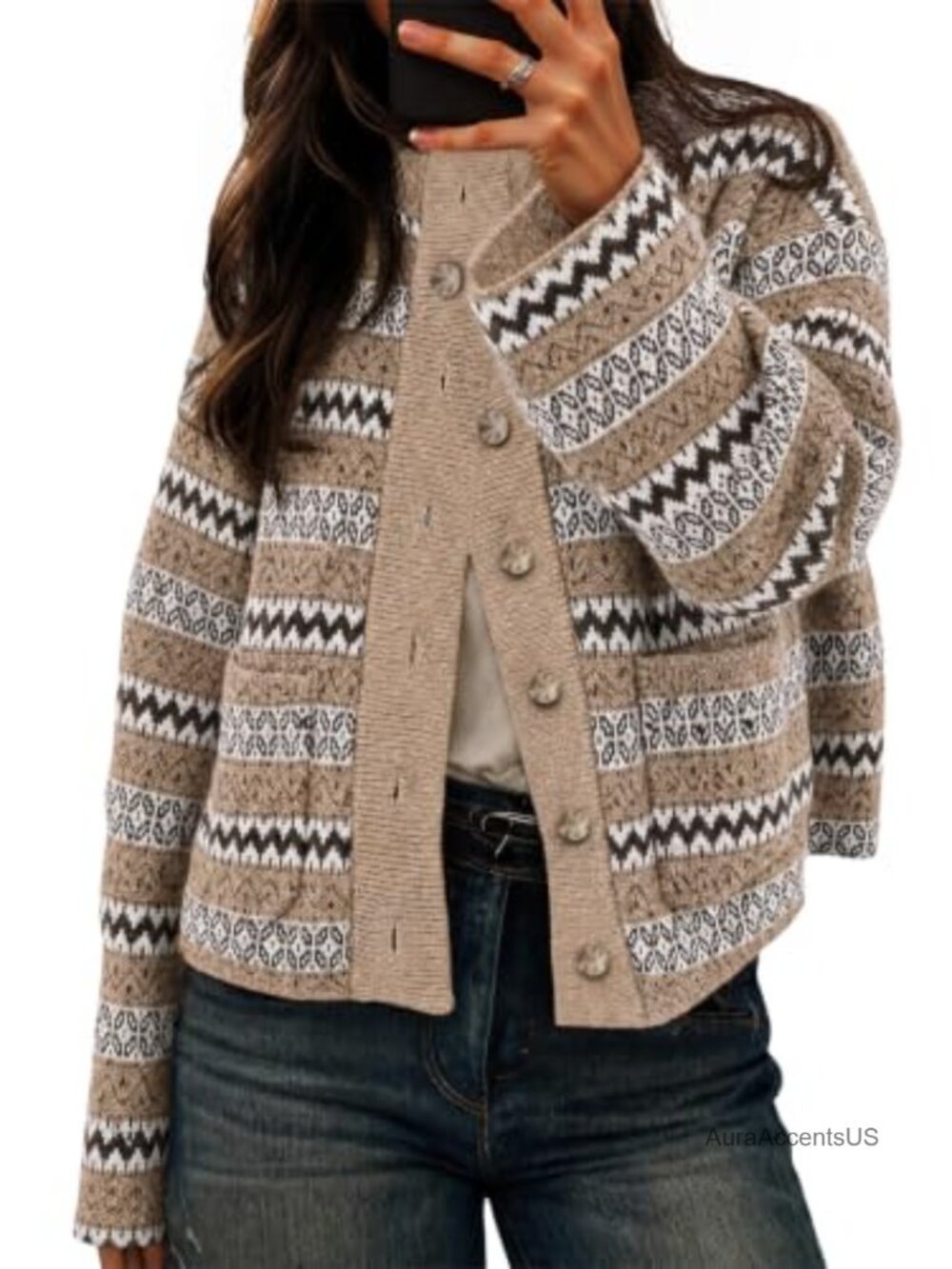 Fair Isle Cardigan Women Long Sleeve Mock Neck Knit Sweater Fall Winter